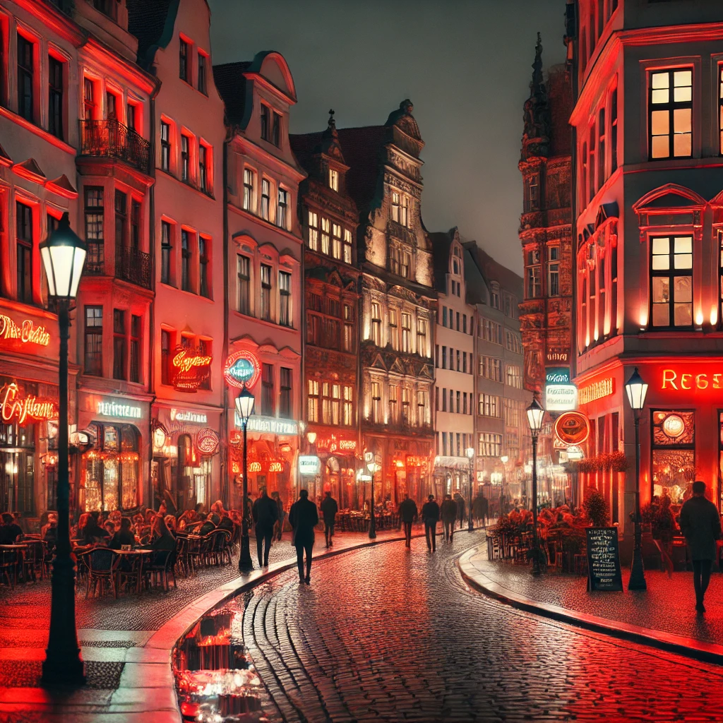 DALL·E 2024-12-13 23.32.21 – A nighttime scene of a red-light district inspired by Dresden, Germany, showcasing a historic and urban aesthetic. The street is illuminated with warm