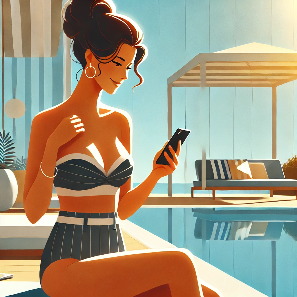 DALL·E 2024-12-15 10.42.05 – A tasteful depiction of a woman around 40 years old, wearing a stylish bikini, sitting by a pool or beach, looking at her smartphone with a relaxed an